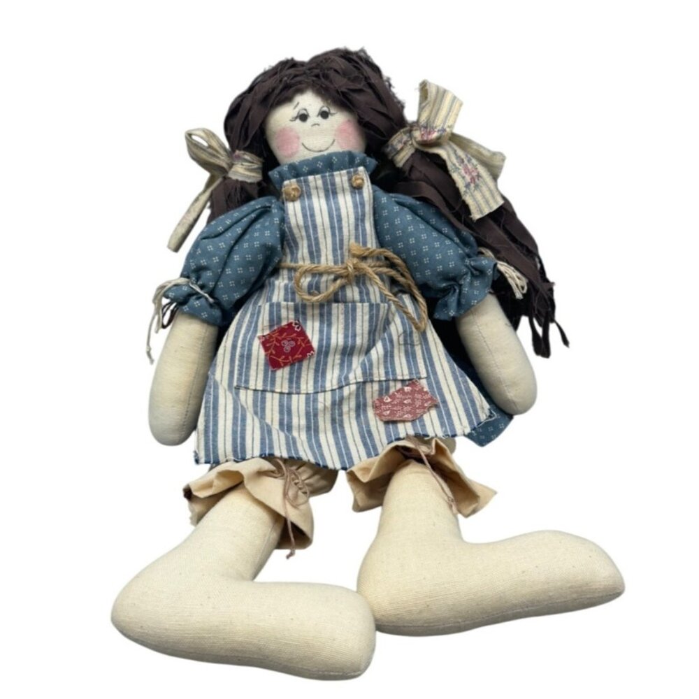 Handcrafted Rag Doll With Striped Apron & Blue Dress brown hair 17" READ